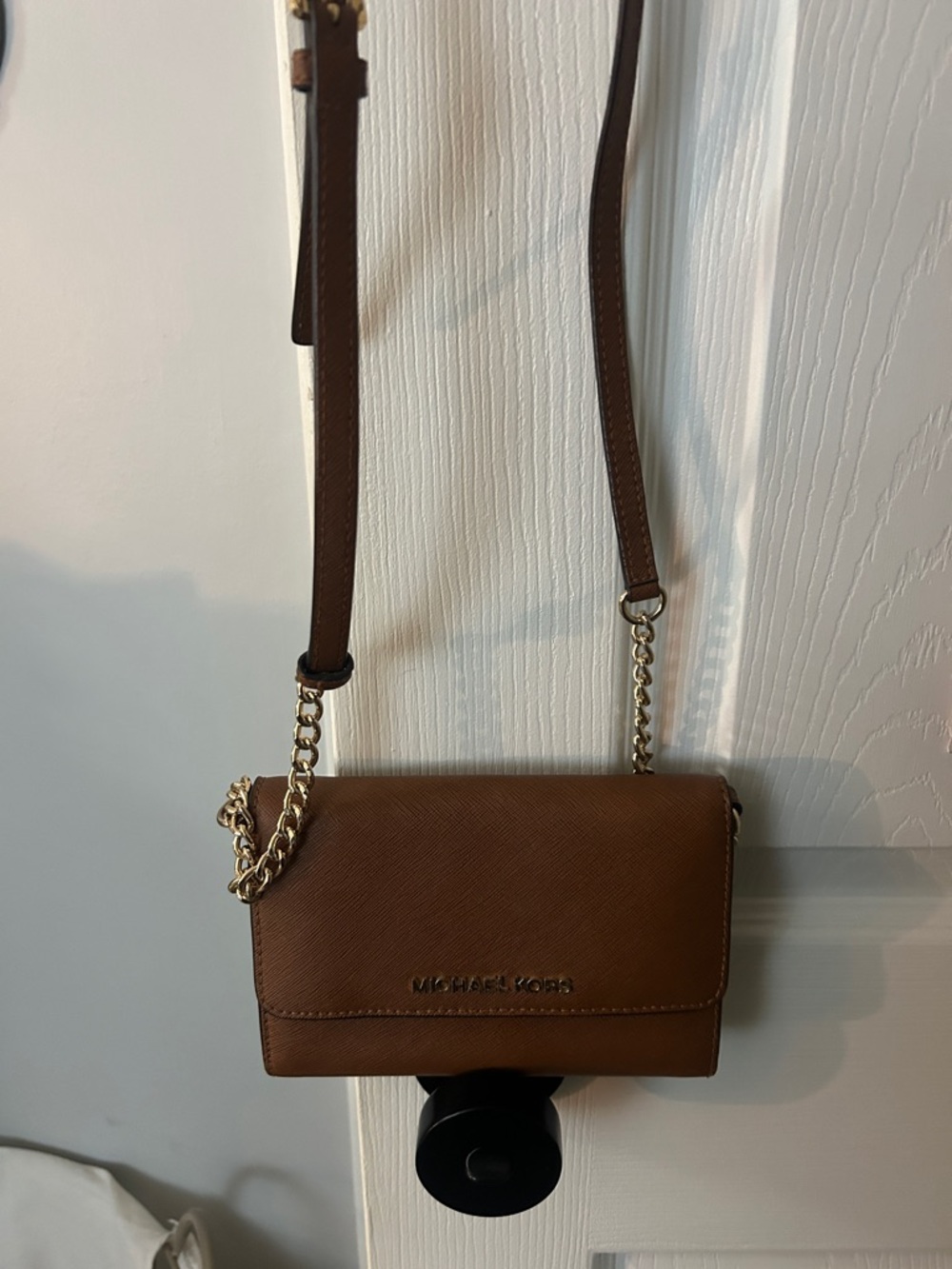 Michael Kors Brown Saffiano Leather Crossbody with Gold Chain - Picture 1 of 3